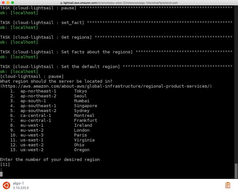 Select VPN server cloud region