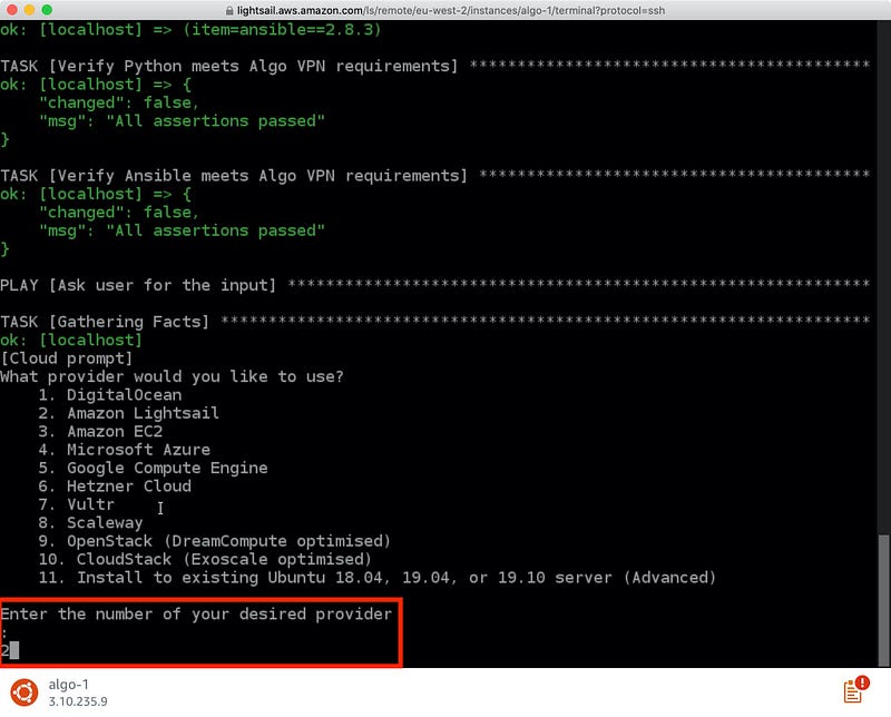 Select VPN server cloud provider
