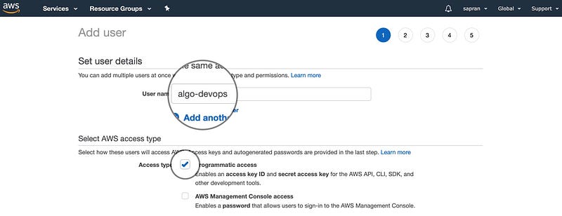 Create Algo user in AWS IAM