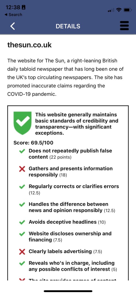 The Sun NewsGuard rating